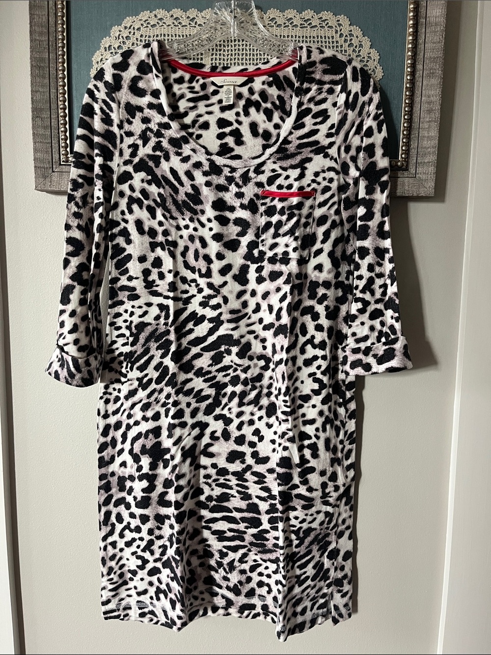 Soma Black and White Animal-Print Nightshirt with Red Trim